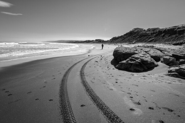 Person walking on beach with tire tracks